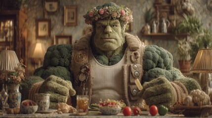Colorful representation of a man dressed as a troll enjoying a healthy meal surrounded by fresh vegetables with family