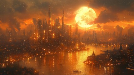 Fiery, orange city at night, bathed in moonlight.