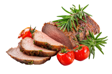 Juicy roasted beef with fresh rosemary and cherry tomatoes garnish, cut out