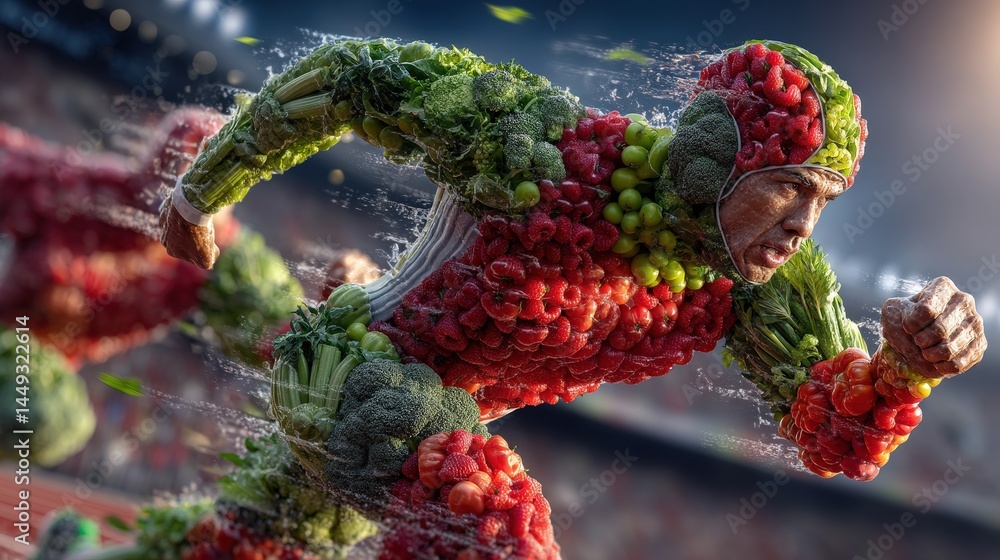 Poster unique scene of a bunch of colorful vegetables formed into a creative representation of a fruit athl