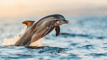 Atlantic Bottlenose Dolphin Leaping Out of the Ocean Water Du Daylight with Splash and Calm Blue Sea Background in a Natural Marine Environment