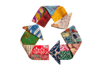 Colorful patchwork fabric recycling symbol on black background, cut out