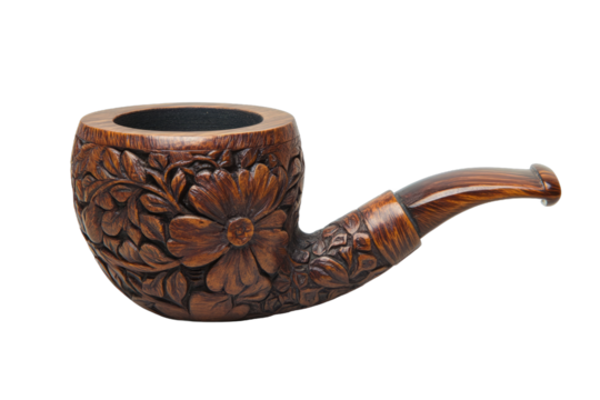 Carved Wooden Smoking Pipe with Floral Pattern on Transparent Background