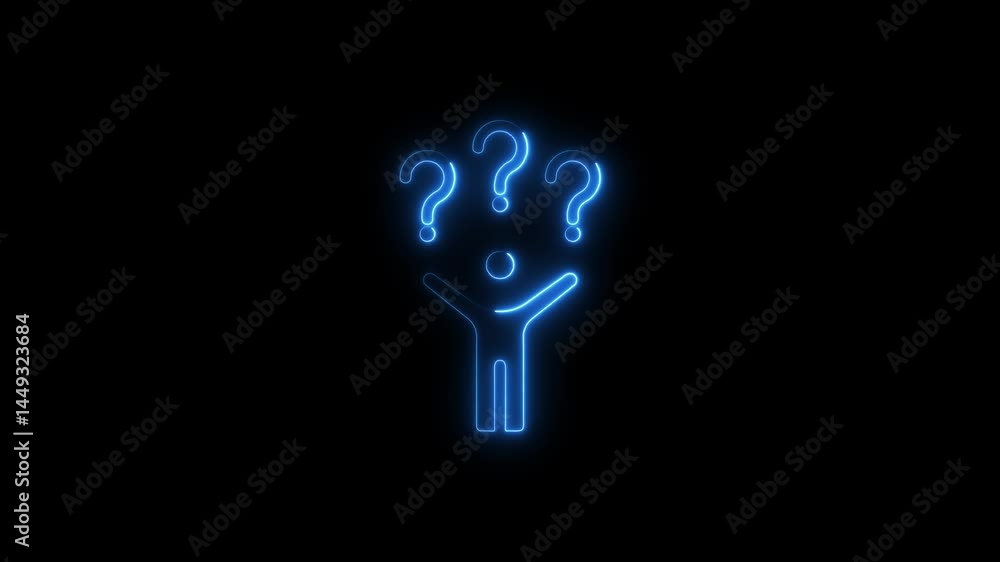 Poster glowing neon figure surrounded by question marks symbolizing confusion and uncertainty