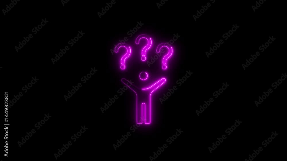 Poster Animated neon person illuminated with question marks floating above a black background