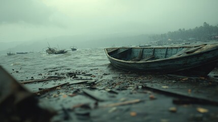 Stormy coastal scene with damaged boats and debris