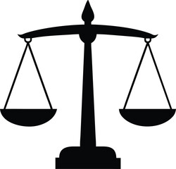 Black silhouette of scales symbolizing justice and legal balance are featured against a white background
