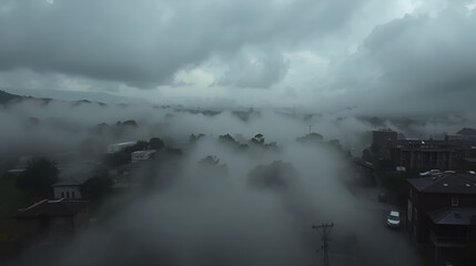 Fototapeta premium Suburban Landscape Shrouded in Dramatic Clouds and Fog with Atmospheric Tones and Urban Elements in Distress