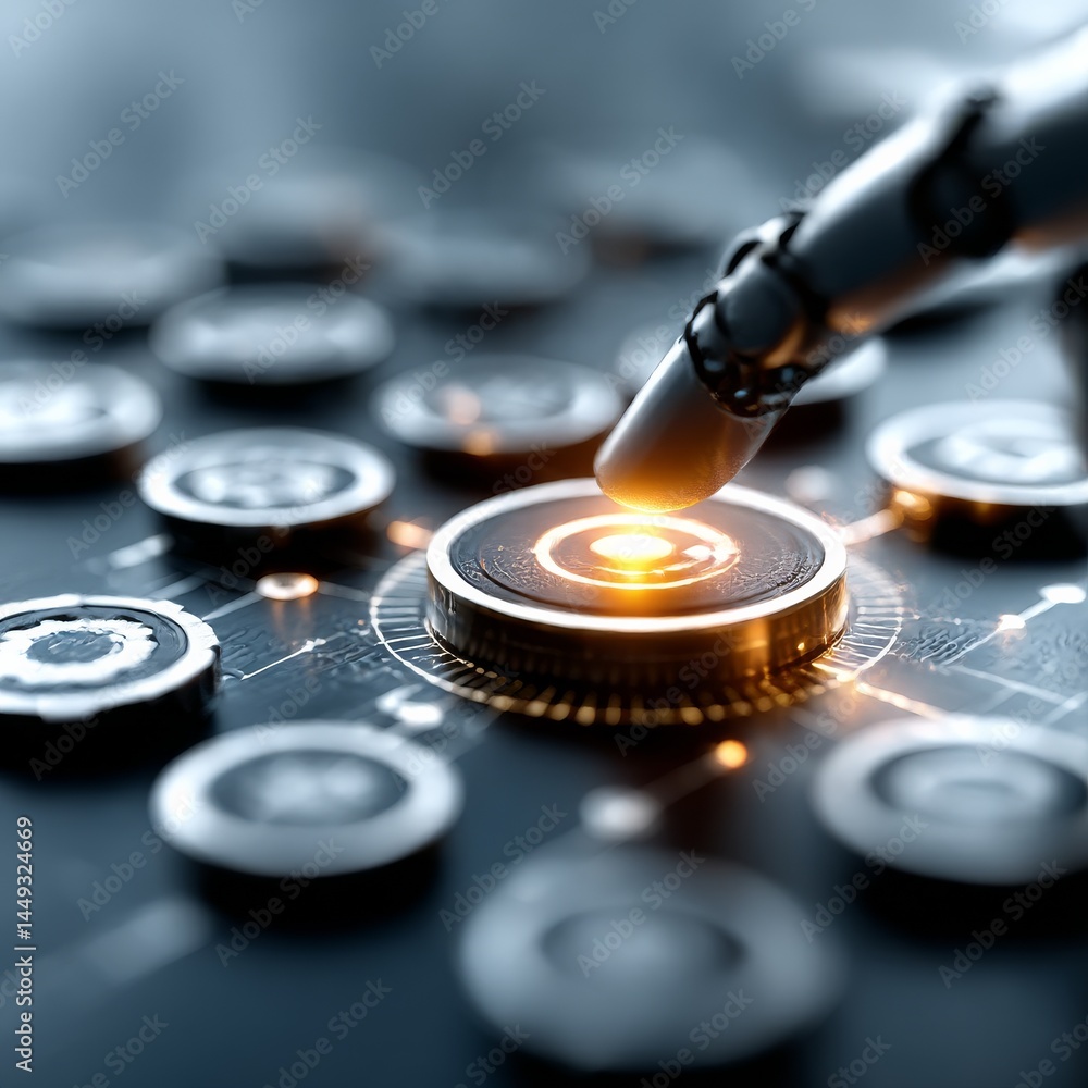 Poster Robotic Precision: An AI hand activates a glowing control button, signifying technological advancement and automated control.