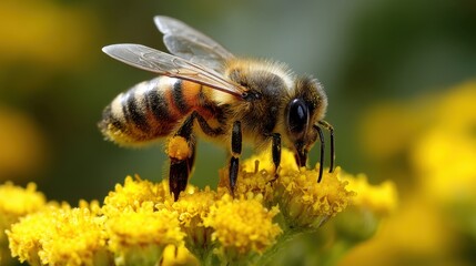 Honeybee Pollinating Yellow Flowers: A Close-Up