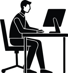 man working at computer setting in a desk silhouette.