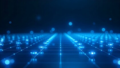 Obraz premium A grid of blue lines with white dots floating above it, dark blue background, futuristic, abstract, digital, abstract, modern, elegant, clean