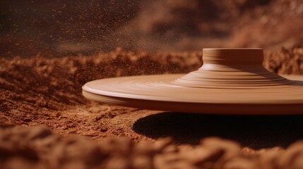 A close-up view of a spinning pottery wheel shaping clay in a rustic environment