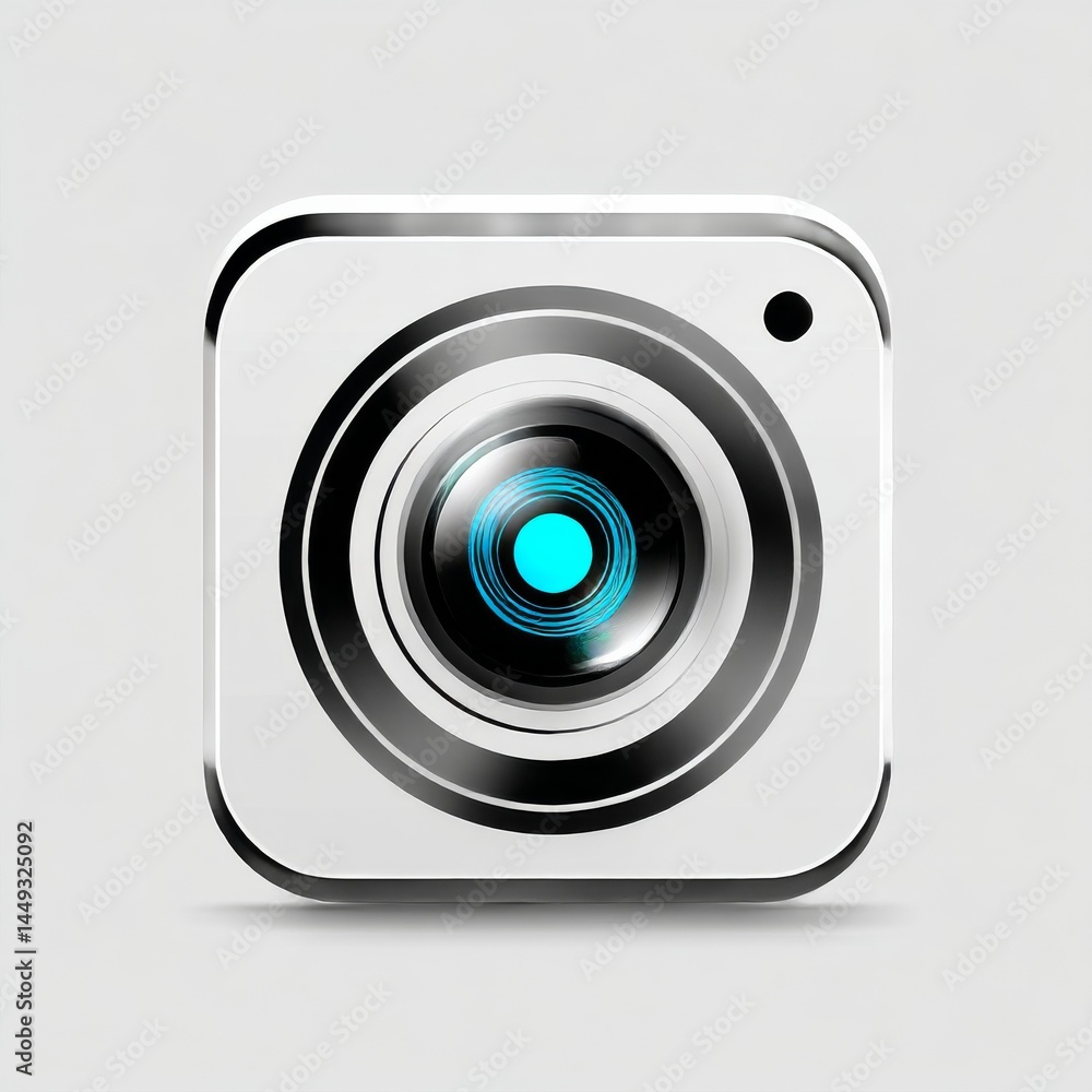 Poster square camera icon with lens flare: photography and technology visualization