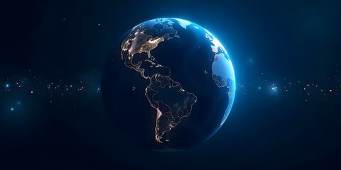 Fototapeta premium Planet Earth with city lights and blue data streams in a dark space background, digital rendering, global network