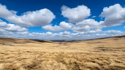 Serene Valley Landscape with Fluffy Clouds and Golden Grass