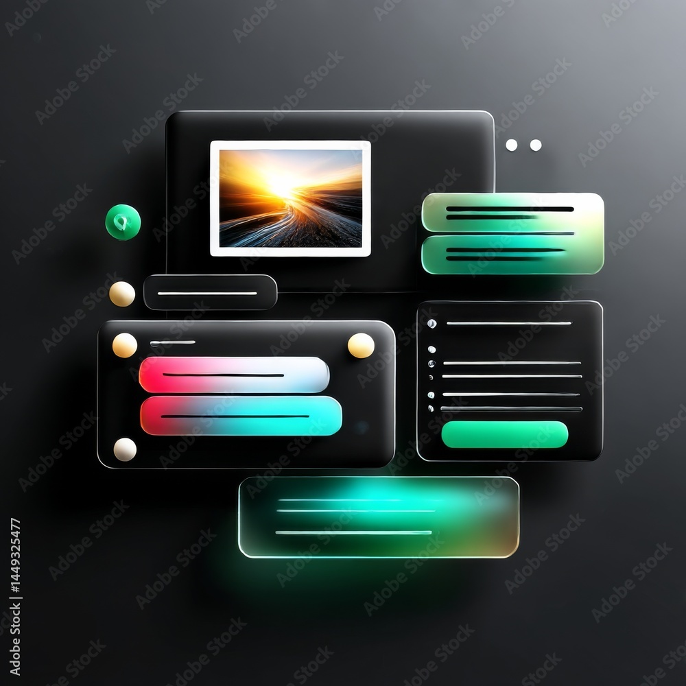 Poster ui/ux design composition: modern app interface with glassmorphism elements and road sunset, a clean 