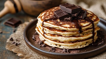 A stack of pancakes topped with butter, chocolate sauce, and powdered sugar on a white plate.