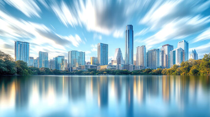 Obraz premium City skyline reflected in calm water, dramatic clouds. Skyscrapers, trees, and a tranquil lake