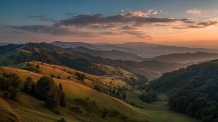 Fototapeta premium Serene Sunset Landscape Rolling Hills and Golden Fields