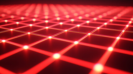 A red background with a grid of squares and dots