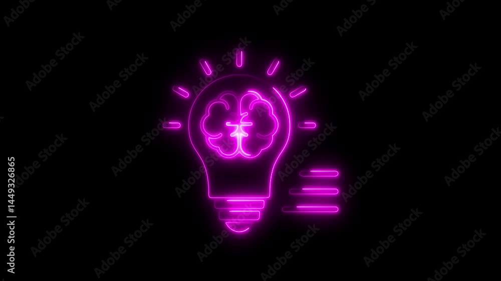 Poster animated neon light bulb with brain symbolizing intelligence and idea generation