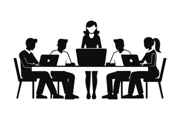 Professional Team Brainstorming Silhouette Vector with Laptops and Papers