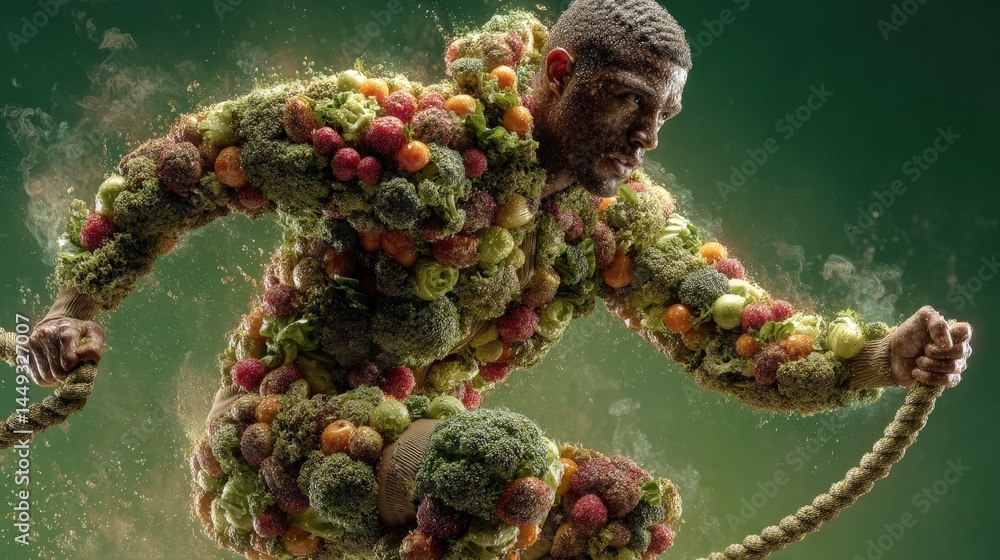 Poster Creative representation of a man artfully constructed from various vegetables in a dynamic jump rope pose