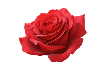 Vibrant red rose blossom with detailed petals on black background, cut out