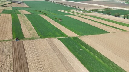 Aerial view of rural agriculture fields, spring time