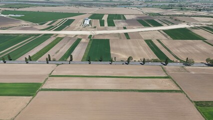 Aerial view of rural agriculture fields, spring time