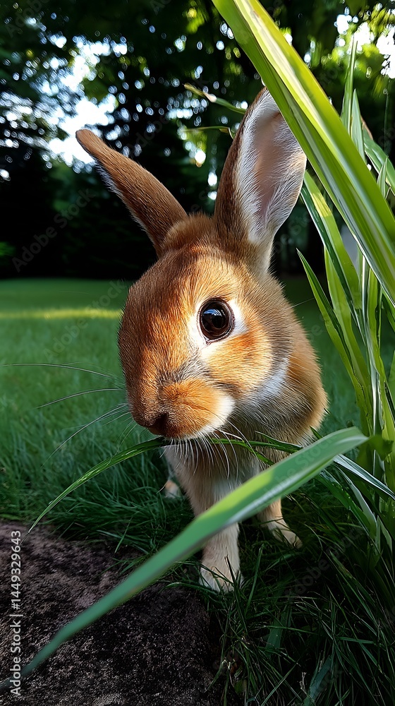Poster curious rabbit nibbling on fresh greens while exploring a lush green grass field