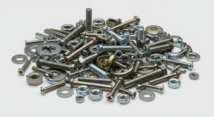 Assorted Metal Fasteners Collection - A diverse assortment of metal fasteners, including screws, nuts, bolts, and washers, symbolizing construction, industry, engineering, mechanics, and hardware