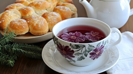 Cozy Autumn Tea Time with Floral Teacup and Sweet Buns