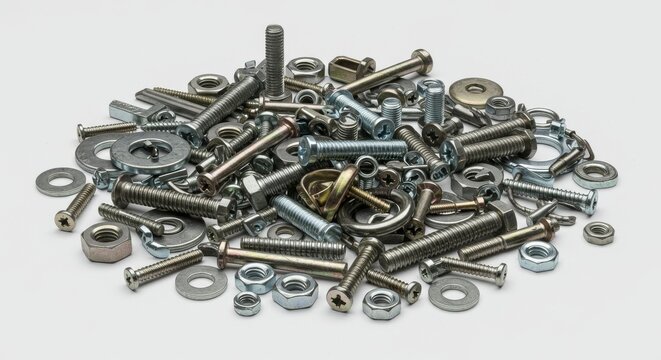 Assorted Metal Fasteners Collection - A diverse assortment of metal fasteners, including screws, nuts, bolts, and washers, symbolizing construction, industry, engineering, mechanics, and hardware