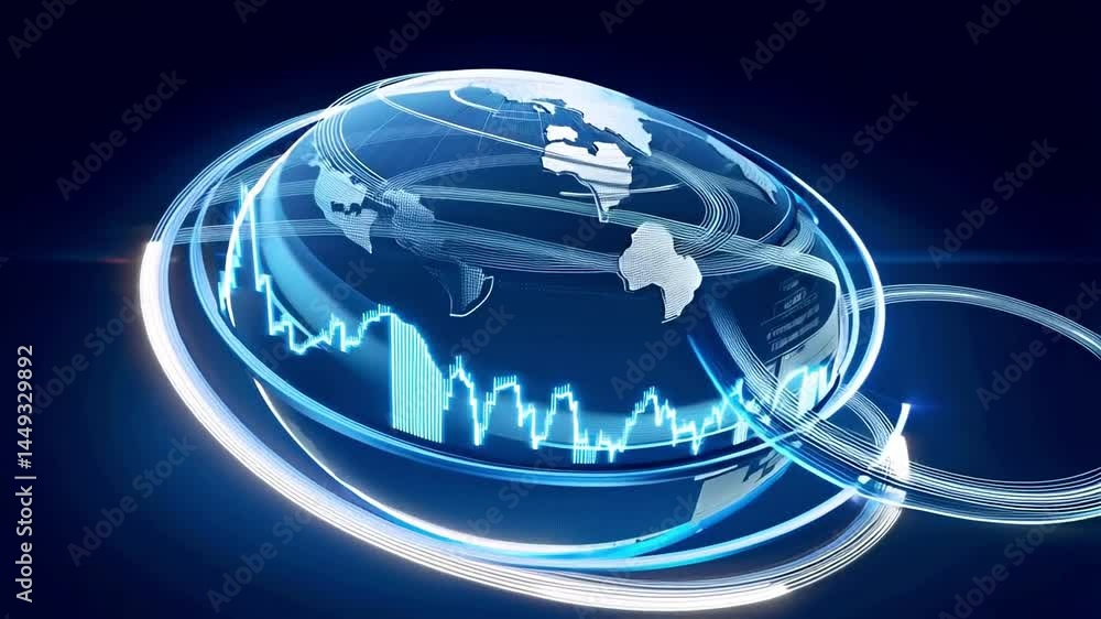 Poster futuristic infographic animation of rising stock graphs and global data