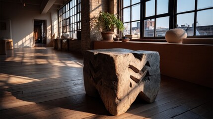 Hand-carved Ashanti stool in minimalist room with sunlight and pale wood floor