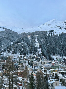 View of Beautiful Mountain Town of Davos in Winter
