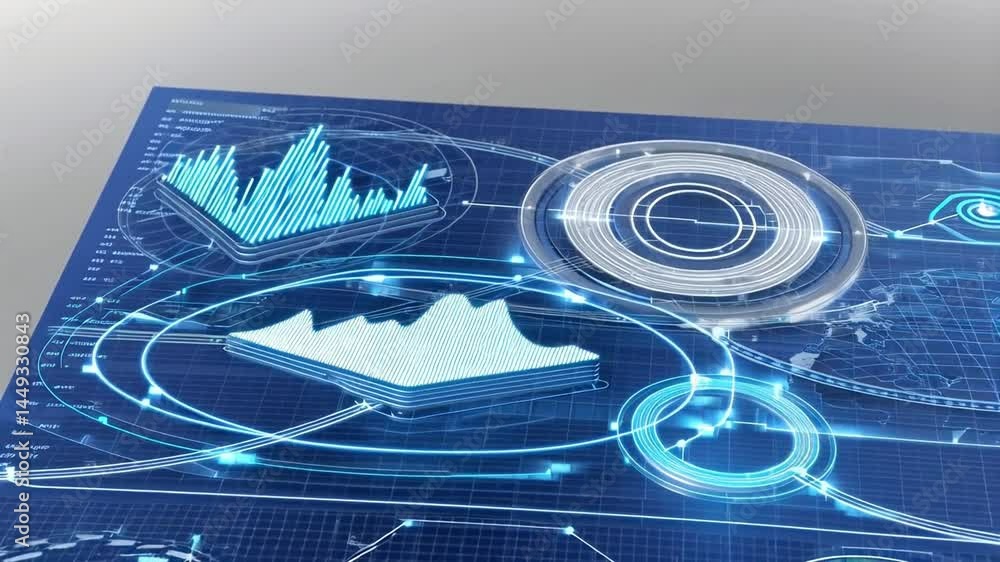 Aufkleber futuristic infographic animation of rising stock graphs and global data