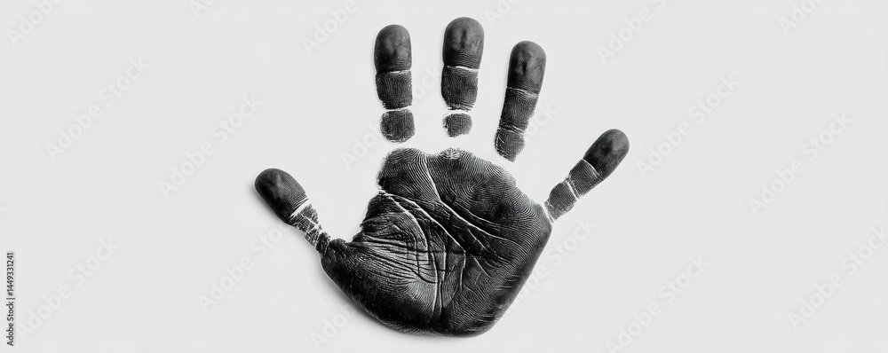 Poster a striking close-up image of a handprint on a white background, highlighting the intricate lines and