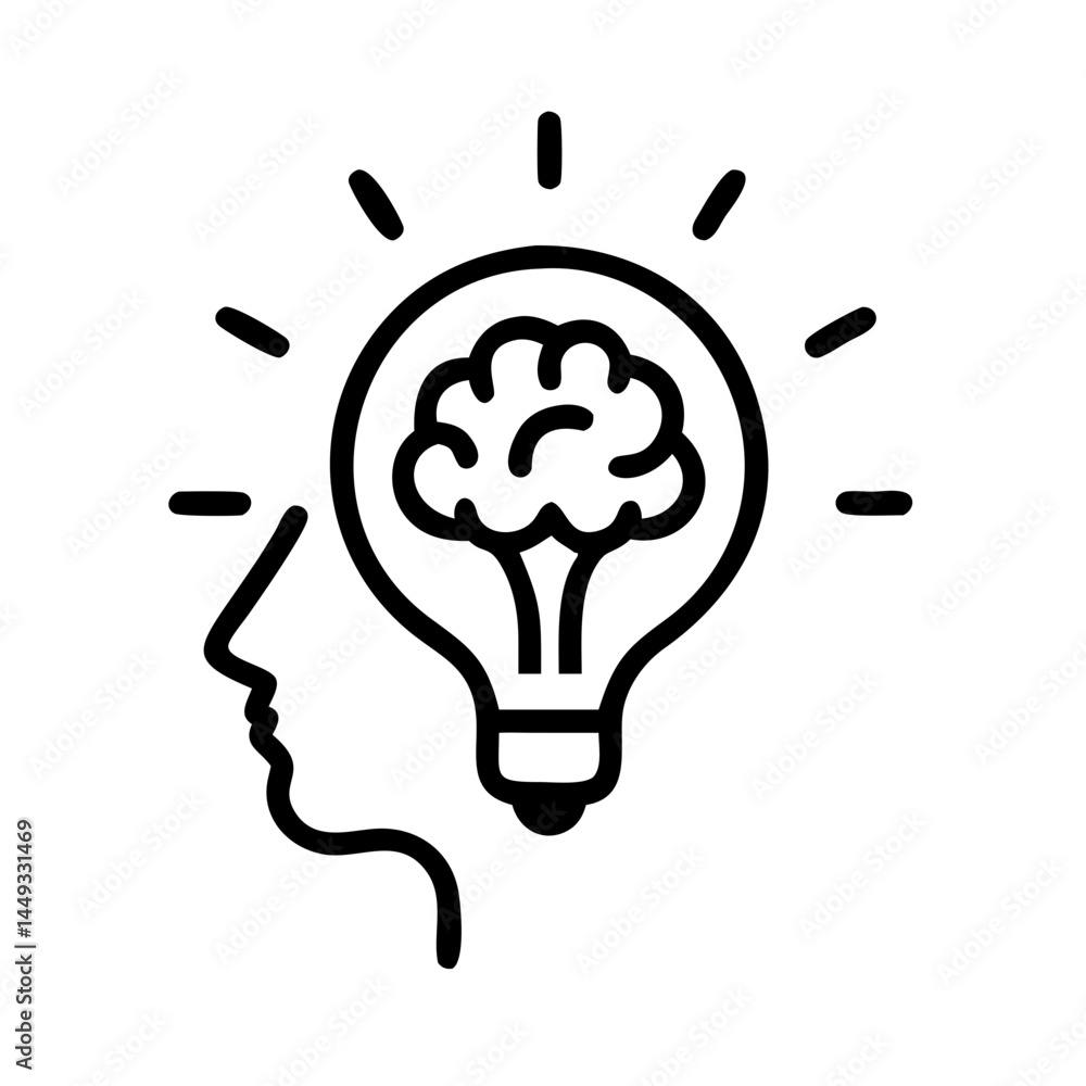 Poster brain with lightbulb analytical thinking on transparent background for web and graphic design