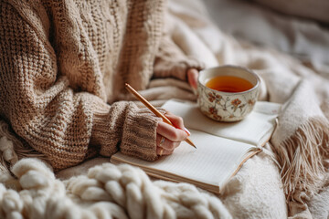 Person journaling in cozy knitwear, holding a floral teacup beside a warm blanket.