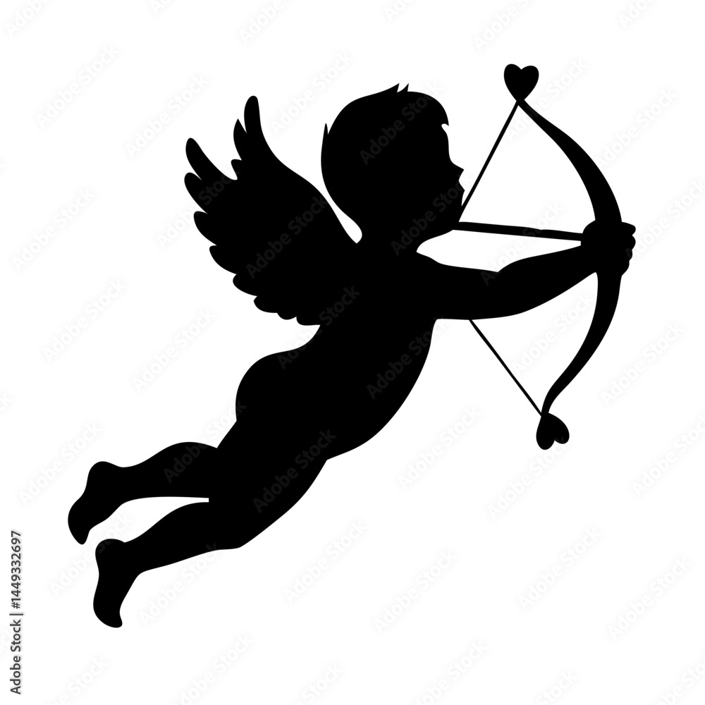Poster cupid with bow and arrow silhouette on transparent background for web and graphic design