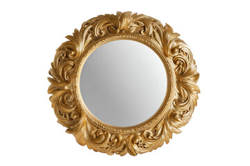 Elegant round mirror with ornate gold frame and floral details, cut out