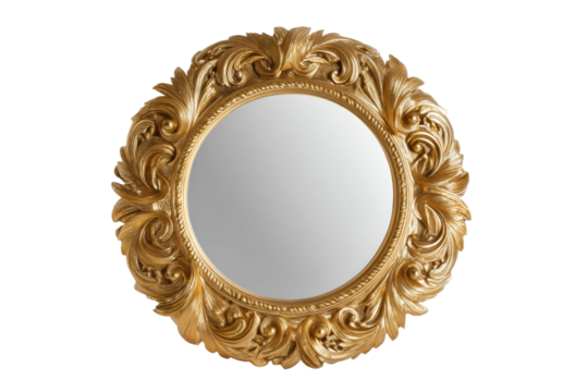 Elegant round mirror with ornate gold frame and floral details, cut out
