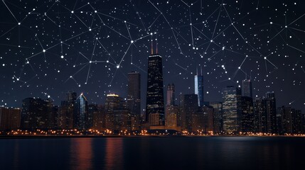 Fototapeta premium Cityscape at Night with Digital Connections