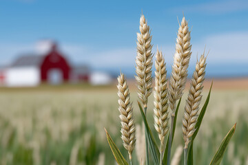 A close-up of wheat ears in the foreground, with an out-of-focus red barn and green field under a blue sky. This scene captures rural life on farmland during the harvest season.