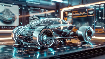 Fototapeta premium Engineer designing a futuristic car model on a computer screen