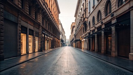 Empty european city street with classic architecture and storefronts at dawn