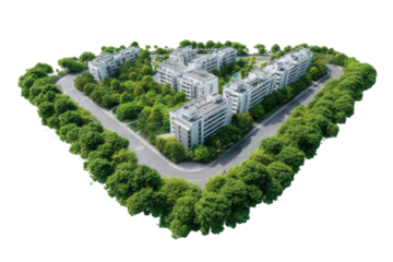 Modern apartment complex surrounded by lush green trees in heart-shaped urban design, cut out